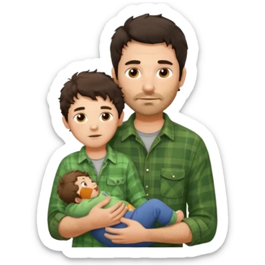 A father with messy medium-length dark hair and light stubble, wearing a green flannel shirt. He holds his one child who has short curly brown hair and a cream-colored romper. Cozy warm lighting, authentic family moment. sticker
