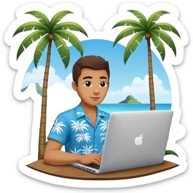 A digital nomad in bali working on a laptop wearing a tropical blue shirt with a palm tree on the side sticker