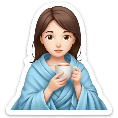 girl drinking tea wrapped in a light blue blanket sticker
