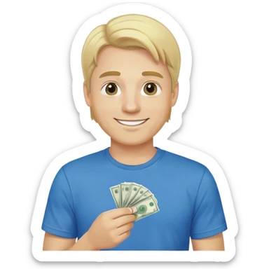 Man with blonde hair and blue t shirt in love with money  sticker