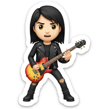 3D Apple-style emoji of a metal musician. Long hair, black leather jacket, ripped jeans, holding an electric guitar. Intense expression, glossy, rounded, smooth, soft shadows, white background.










 sticker