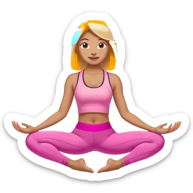 Mujer color de piel moreno claro con cabello rubio suelto y lacio, que tenga gloss en los labios y se vea usando Blush rosita, usando un top rosa deportivo y leggins deportivo rosa en una pose de yoga, viendo hacia enfrente con ojos negros y sonriendo sin mostrar los dientes sticker