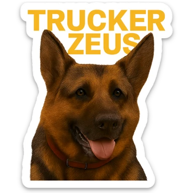 Make the background fully transparent while keeping the realistic German Shepherd and the yellow 'Trucker Zeus' text intact. Maintain maximum compression for the image. sticker