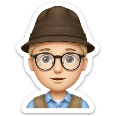 indoor portrait of a boy with a hat and glasses sticker