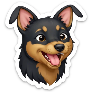 Cinematic Cute Yawning Black and Tan Kelpie Portrait Emoji, Head tilted slightly with a dramatic, wide-open yawn, showcasing a smooth black Fur with distinct tan accents, floppy ears slightly drooping, round dark eyes barely open in drowsy contentment, Simplified yet irresistibly adorable features, highly detailed, glowing with a soft, cozy glow, high shine, relaxed yet expressive, stylized with a touch of whimsy, bright and endearing, soft glowing outline, capturing the essence of a sleepy yet affectionate herder, so drowsy it feels like it could stretch out of the screen and curl up for a nap! sticker