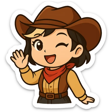 Chibi cowgirl with short hair and a blonde streak, wearing a cowboy hat and western outfit, no guns, chibi/anime style, transparent background, sized for Twitch or Discord use. Pose: waving with one hand, cheerful expression. sticker