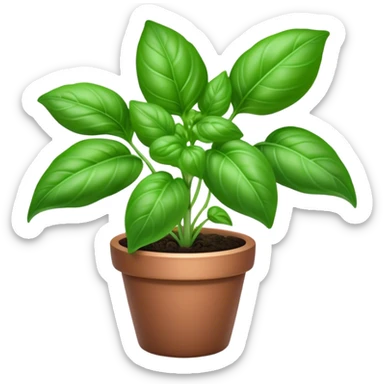 Cinematic Realistic Basil Emoji, Lush and fragrant, with vibrant green leaves that release a fresh, herbal aroma. The soft, glossy leaves are delicately arranged along slender stems, exuding vitality and flavor. Soft glowing outline, capturing the essence of freshness, growth, and aromatic delight in a blossoming basil plant! sticker