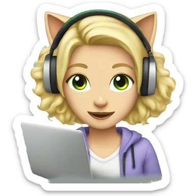blonde girl green eyes and cat headphones with laptop sticker