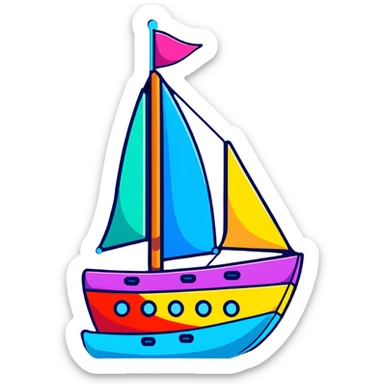 A cartoon toy sailboat with a beaming happy face, colorful sails and tiny portholes sticker