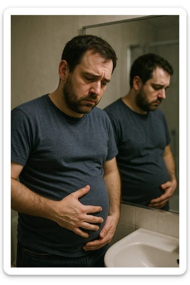 uomo che si guarda allo specchio triste mentre si tocca la pancia, pensieroso, iperrealistico 4k sticker