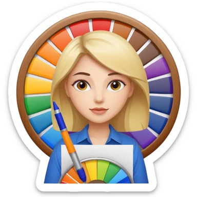 female graphic designer , color wheel, pens, papers sticker