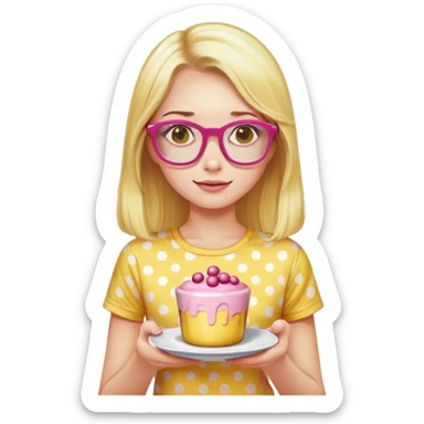 a girl with long lashes, long blonde hair, pink glasses, wearing a yellow polka dot t-shirt, holding a pudding sticker