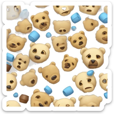 Oso de peluche beige, con nariz café, cuerpo flacucho y pañal azul claro, con un volado azul claro y amarillo claro  sticker