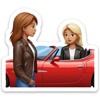 woman standing outside sports car talking to man inside sports car with window down sticker