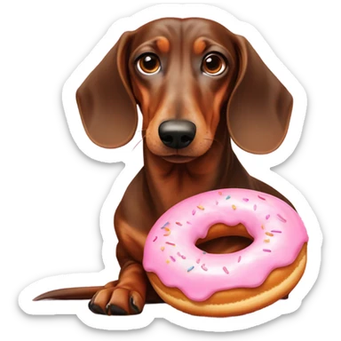 Old dachshund with guilty eyes laying down licking a pink frosted doughnut in front of it sticker