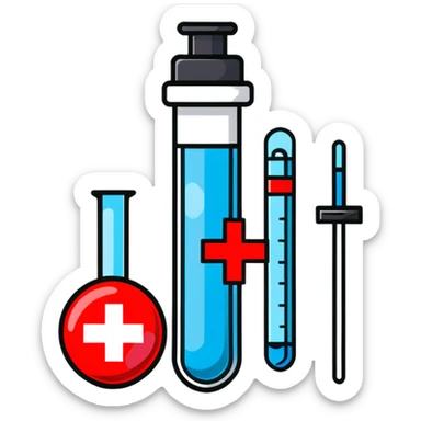 Friendly sticker design of sexual health clinic symbol with red cross, test tube, and heart icon sticker