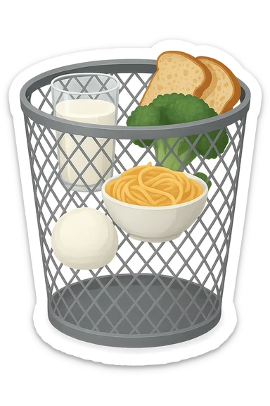 SECCHIO DELLA SPAZZATURA DENTRO CUI CADE UNA MOZZARELLA, UN BICCHIERE DI LATTE, UNA BOWL DI PASTA, QUALCHE BROCCOLO, QUALCHE FETTINA DI PANE sticker