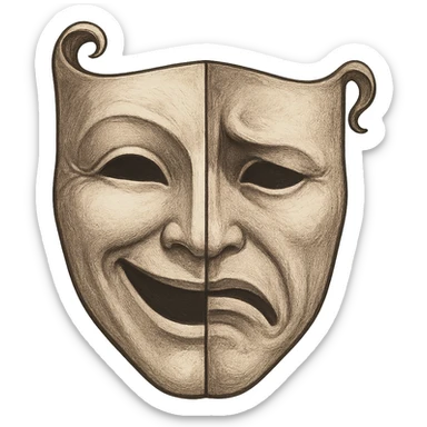 a two-faced mask, split down the middle, one side smiling and one side frowning, dramatic theater style sticker