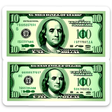 3D realistic US 100 dollar bill sticker, slight perspective, centered, clean cutout, transparent background, no text, no watermark sticker