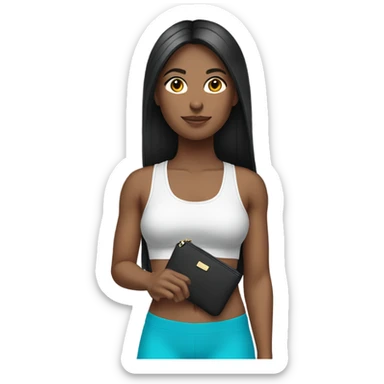 a white color woman with black long straight hair wearing a workout set and carrying  a designer purse on her hand  sticker