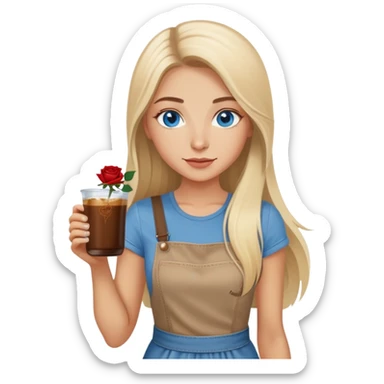 Turkish beautiful finish Konya girl long blonde hair and blue eyes with beige denim dress and had on her hand Rose Cold brew coffee   sticker