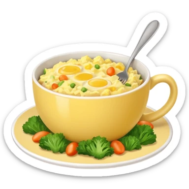 plate with scrambled eggs and veggies,  on the side coffee in cute mug sticker