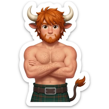 ginger buff hairy man with freckles with with messy bangs covering the eyes like scottish bull with bull horns and bull ears and bull tail dressed in kilt posing with his arms crossed sticker