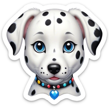 Cinematic Cute Harlequin Dalmatian Portrait Emoji, Head tilted playfully and inquisitively, featuring a glossy Fur of predominantly white with dynamic black patches, round, sparkling blue eyes filled with gentle curiosity, Simplified yet irresistibly adorable features, highly detailed, glowing with a warm, friendly glow, high shine, affectionate and gentle, stylized with a touch of whimsy, bright and endearing, soft glowing outline, capturing the essence of a mischievous yet loving pup, so playful it feels like it could lumber out of the screen and into your arms! sticker