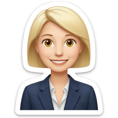 woman in her 50s, short straight blonde hair, wearing a blazer, smiling, emoji style sticker
