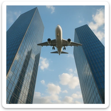 two skyscrapers and a plane that flyes to them, realism style, daytime sticker