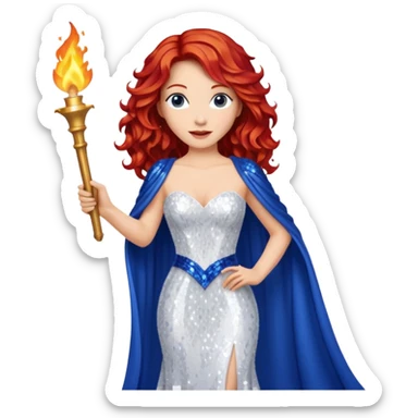 Torch Lady from Film Studios with red wavy hair, white sequin gown, royal blue sequin drape, holding torch sticker