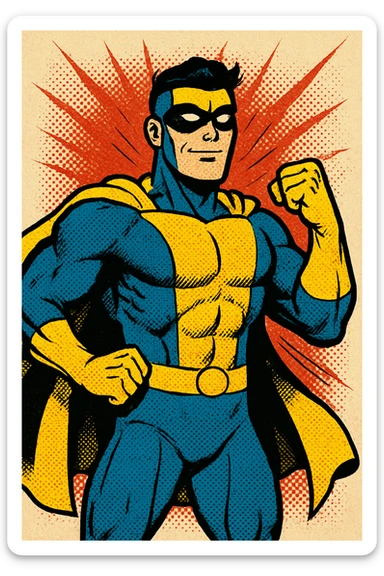 invincible superhero character wearing a blue and yellow suit, confident pose, comic book style sticker