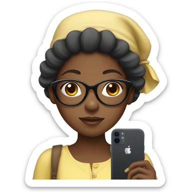 Black girl with a iPhone in hand, wearing a bonnet and glasses sticker
