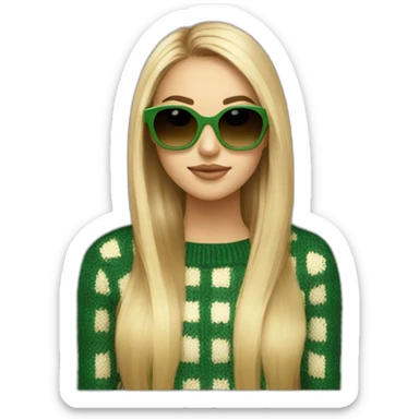 a blonde girl with highlights, long hair, hair parted in the middle and a square head shape wearing yellow brownish sunglasses and a knitted checkered green an beige jumper sticker