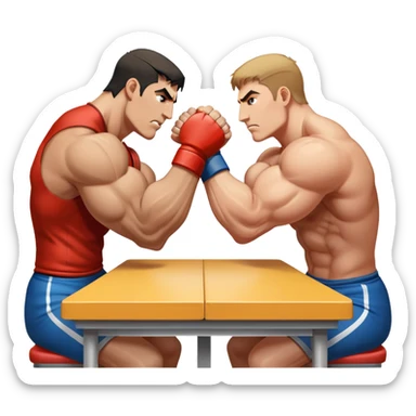 Two powerful arms locked in an intense arm wrestling competition. One arm is strong and steady, while the other strains to push back. The background shows a simple table with a focus on the clash of strength and determination. Transparent background. sticker
