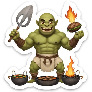 ork male master chef flipping huge kebabs on stone barbecue, muscular, loincloth or shorts, big tusked grin, smoke, centered emoji sticker
