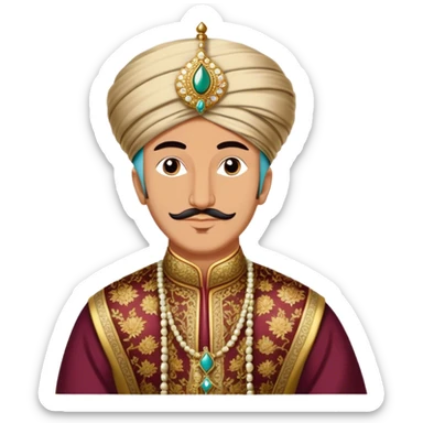 Suleiman the Magnificent – Cinematic Realistic Portrait of Suleiman the Magnificent, depicted as a regal Ottoman sultan in luxurious traditional attire with intricate patterns and a golden turban, his commanding gaze illuminated by warm, historic lighting, exuding majestic authority and timeless grandeur. sticker