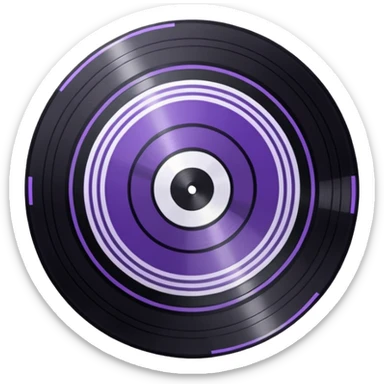 black pixel art vinyl record with a purple and white striped middle label, pixel art, as if you were looking at it from an angle sticker