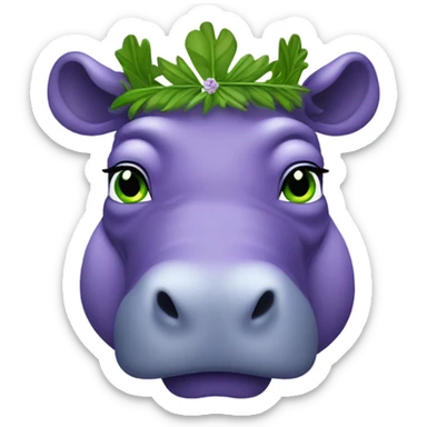 Purple hippopotamus with green eyes and a laurel wreath on its head sticker