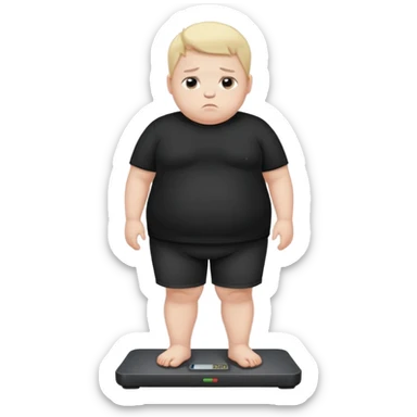 sad fat young boy in black t shirt on weight scale  sticker