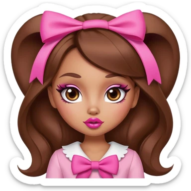 Bratz-inspired character with brown hair, pink bow, exaggerated big lips, and foxy eyes sticker