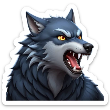 cinematic-noble-fierce-werewolf-howling-portrait-emoji, poised-and-imposing, with a fierce wolfish face tilted upwards in a haunting howl, glowing eyes full of primal ferocity, sharp, and a rugged snout, fur rippling in shades of midnight black and silver, muscles tensed as the powerful howl echoes beneath the moonlit sky; rendered with realism, capturing the raw, untamed power of the beast in its wild, primal state sticker