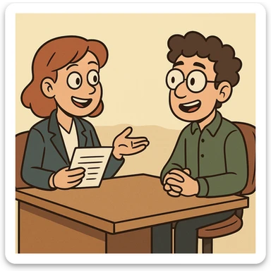 cartoon style illustration of a job interview, two people sitting across a desk, one asking questions, the other answering, friendly atmosphere sticker