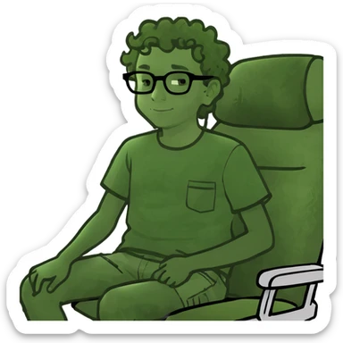 Boy kind of curly hair with black glasses sitting crossed legged in the middle seat on a airplane  sticker