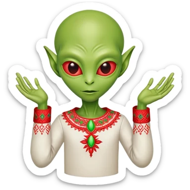 Green alien in Shirt 👚 vyshyvanka, white with red embodiary on sleeved sticker