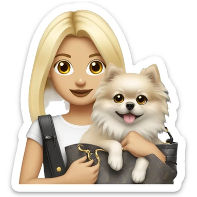 Pretty blonde girl carrying a grey Pomeranian in a Louis vuttion bag  sticker