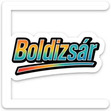 Boldizsár name in masculine, modern gradient font with precise Hungarian characters, dark outline, extra thick, prominent white letter border, dynamic slanted underline, rainbow gradient colors, 1000x1000 px, PNG, transparent background sticker
