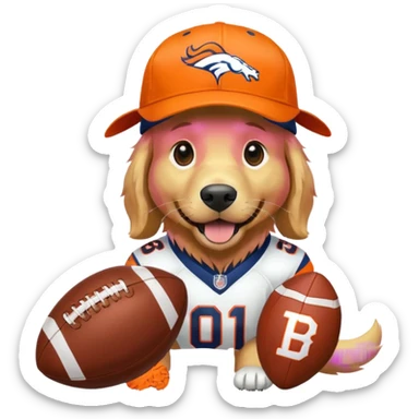 Dog wearing a Broncos hat it’s a golden retriever. The dog is holding a football. sticker