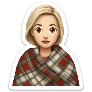 white girl short brown hair wrapped in cozy plaid blanket sticker