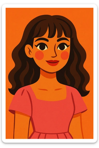 A beautiful girl with medium skin, soft pink cheeks, big dark hazel eyes, long lashes, wavy brown hair with bangs, straight nose, soft tip, natural red lips, feminine and pretty, in a pink dress, in a vibrant toon style. sticker